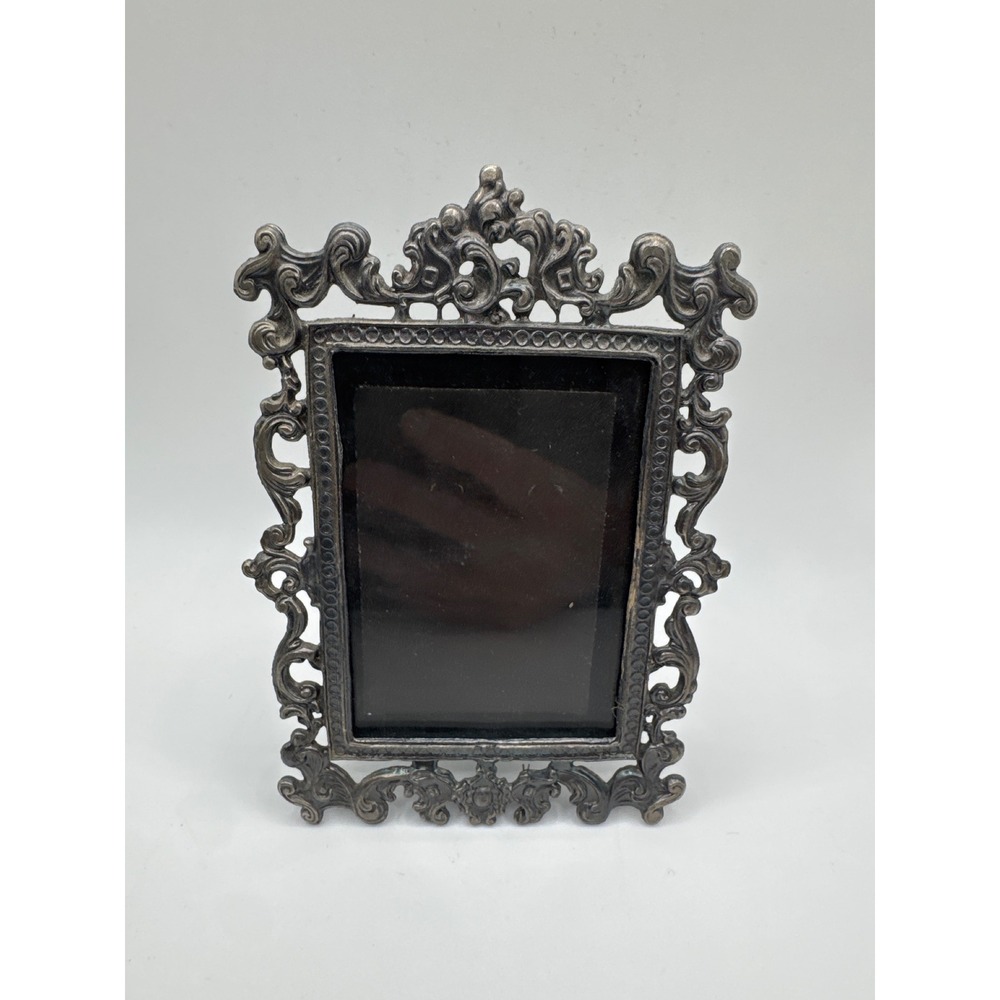 Vintage Ornate Metal Picture Frame Rococo Scrollwork Pewter Tone Small Frame